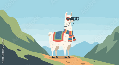 Curious Llama With Binoculars Admiring Mountain Scenery While Wearing Sunglasses