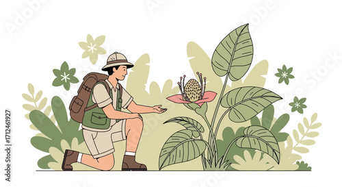 Botanist Inspecting Exotic Flora in a Lush, Natural Environment, Scientific Discovery