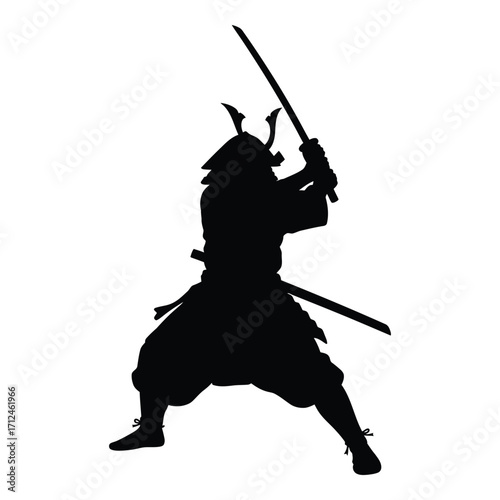Dynamic silhouette of a samurai warrior in action with two swords silhouette