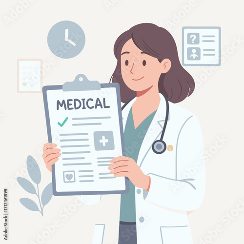 Friendly female doctor holding medical chart with stethoscope.
