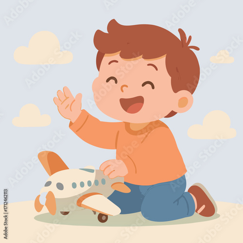 Happy cartoon boy with brown hair waving and playing with a toy airplane kneeling on the floor with a joyful expression.