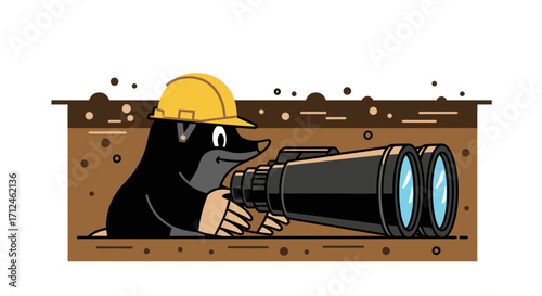 Curious Mole Wearing Hard Hat Peering Through Binoculars From Underground