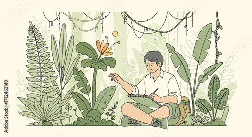 Botanist Illustrations Plants With A Sketchpad In Tropical Environment Flat Design