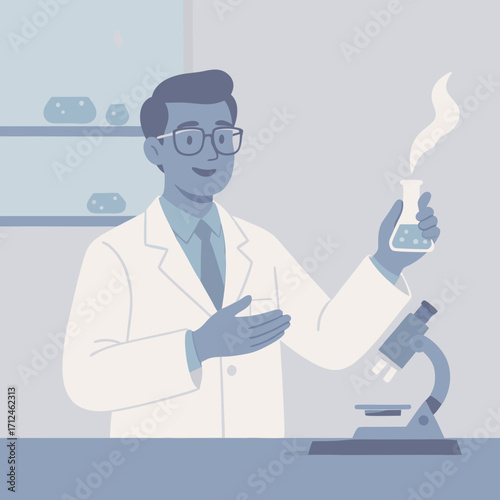 Illustrated male scientist in a white lab coat holding a steaming flask during a laboratory experiment.