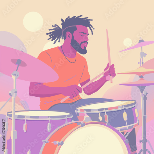 Illustrated Drummer with Dreadlocks Playing Drums in Vibrant Colors.
