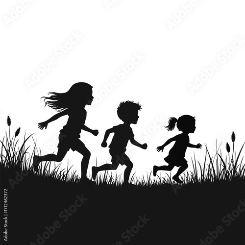 Three children silhouettes running through grass field