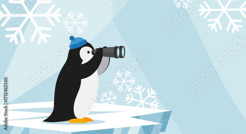 Curious Penguin Exploring The Arctic Landscape Through Binoculars And Snowflakes Display