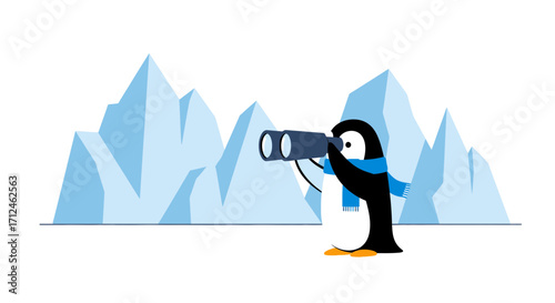 Curious Penguin Exploring Arctic Scenery With Binoculars In A Minimalist Style