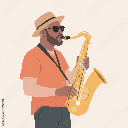 Man in Hat and Sunglasses Playing a Golden Saxophone with Black Strap.