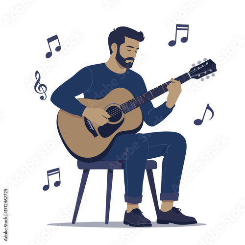 Man Playing Acoustic Guitar Focused and Relaxed Pose.