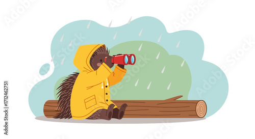 Curious Porcupine With Binoculars Exploring Rainy Outdoors In Vibrant Illustration