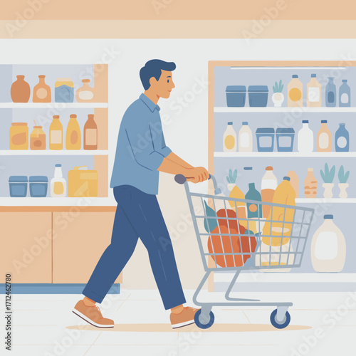 Man pushing a shopping cart filled with groceries in a store.