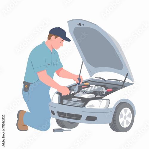 Mechanic Kneeling Working on Car Engine with Open Hood Vector Illustration.