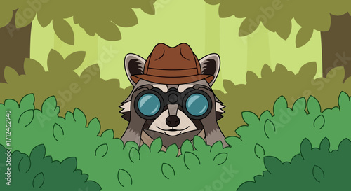 Curious Raccoon With Binoculars Discreetly Observing From Lush Forest Foliage Scene