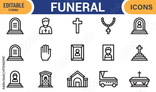 Vector line icons of funeral ceremony elements for mourning and remembrance design