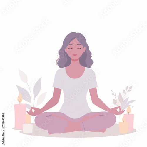 Peaceful woman with wavy purple hair and a bindi meditating in a lotus pose with candles.