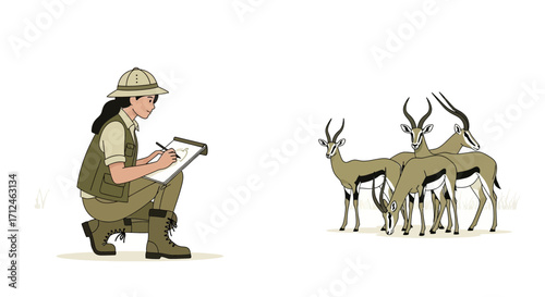 Botanist Sketching Gazelles In Their Native Habitat, Wildlife Illustration, Nature Art