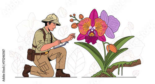 Botanist Observing Vibrant Orchid Bloom While Documenting Plant Details For Study