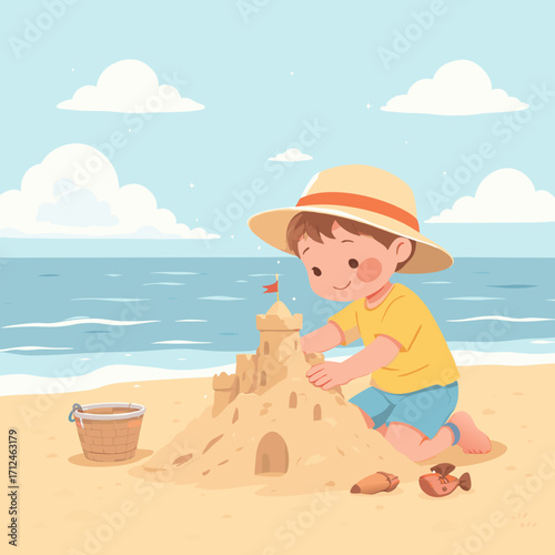 Smiling boy in straw hat and yellow shirt building intricate sandcastle with flag enjoying beach play.