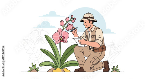 Botanist Studying Delicate Orchid Bloom, Taking Detailed Notes In The Natural Habitat Scene