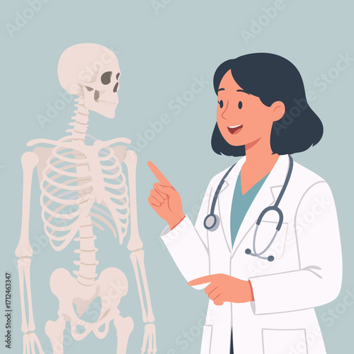 Smiling female doctor in a white lab coat pointing at a human skeleton explaining anatomy in a flat vector illustration.