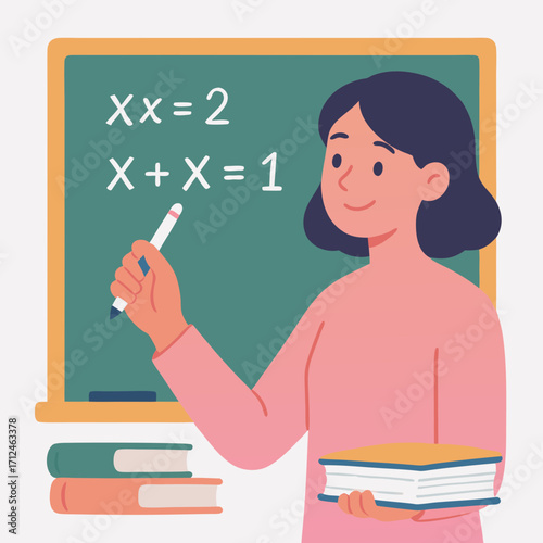 Smiling Female Teacher Writing Math Equations on Green Chalkboard.