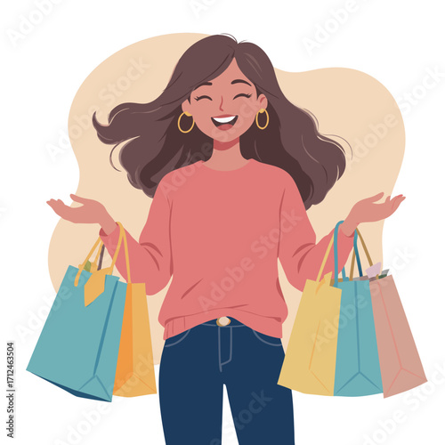 Smiling Woman Holding Shopping Bags with Joyful Expression and Stylish Outfit.