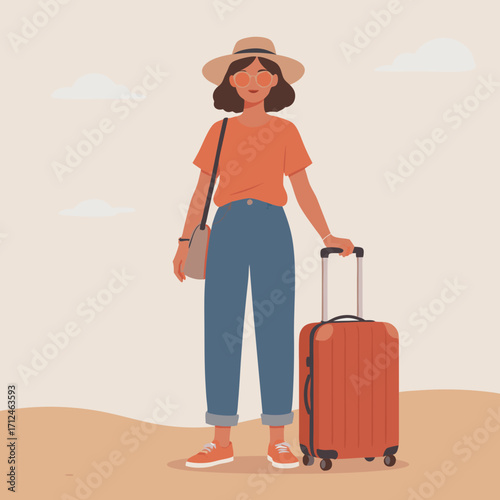 Stylish female traveler in a sun hat and sunglasses standing with her orange rolling suitcase.