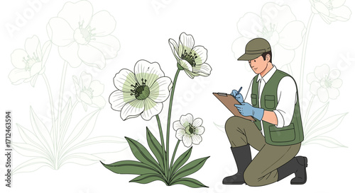 Botany Expert Documenting Floral Specimens Amidst Soft Botanical Backdrop