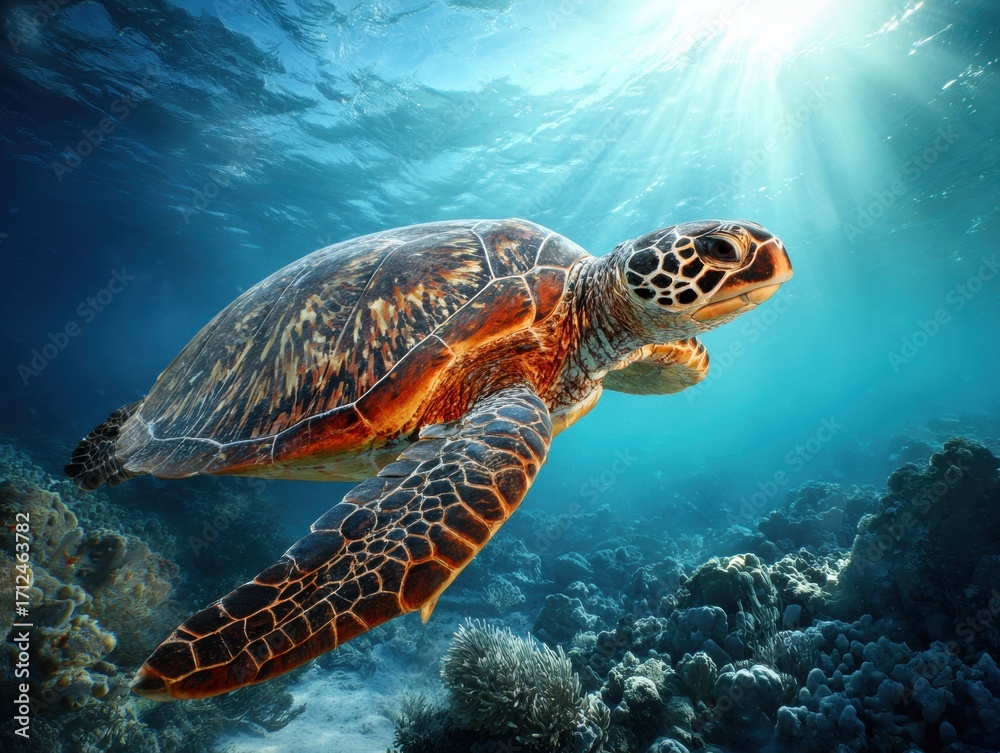 Fototapeta premium Marine Turtle Swimming Above the Coral Reef in Clear Ocean Water with Sunlight Rays