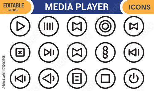 Outline vector media player button icons for technology and interface design