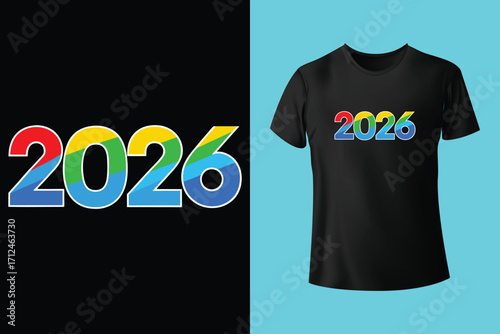 Adobe Illustrator Artwork 2026 Happy new year typographic design with festive fireworks and t shirt mockup