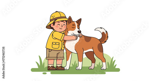 Boy Affectionately Hugging Canine Companion in Delightful Illustration of Friendship and Warmth
