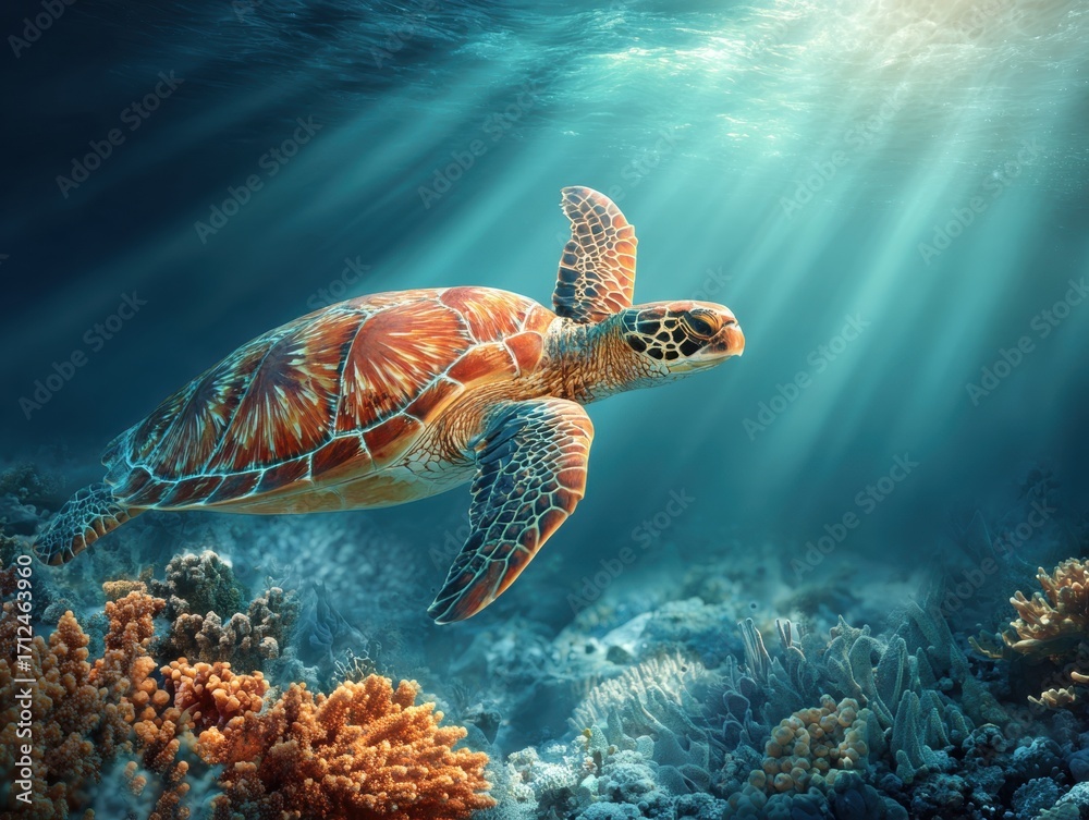 Obraz premium Emerging Sea Turtle Swimming Through Vibrant Coral Reef Under Sunlit Ocean