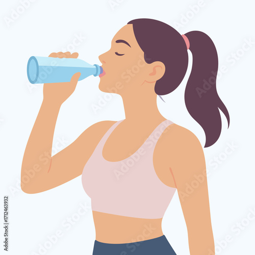 Woman in sportswear drinking from a blue water bottle profile view.
