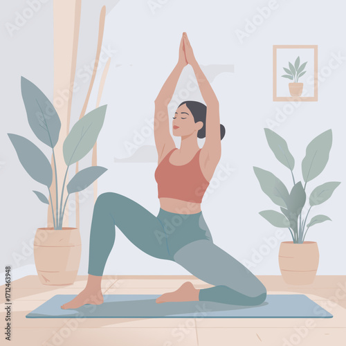 Woman in Yoga Pose with Hands Clasped Above Head.