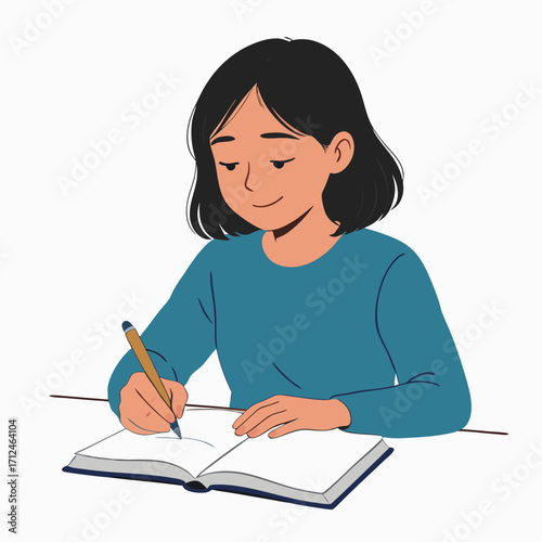 Young girl diligently writing in an open notebook with a pen.
