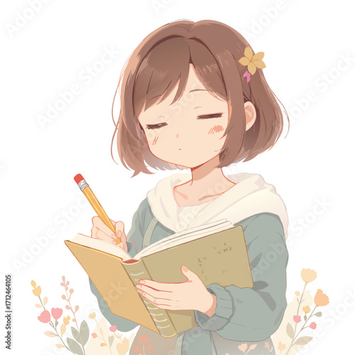 Young anime girl with brown hair writing in a book.