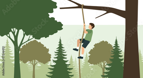 Boy Ascending a Rope in a Forest Scene Amongst Diverse Trees and Foliage