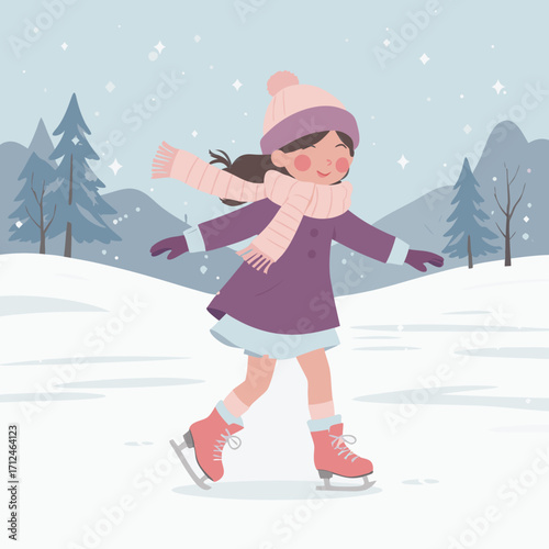 Young girl ice skating joyfully in a winter wonderland scene.