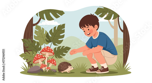 Child Interacting With A Hedgehog And Mushrooms In An Enchanting Forest Setting