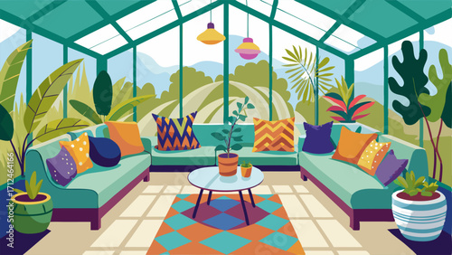 A sunroom filled with potted plants and a mix of colorful patterned cushions on the seating.