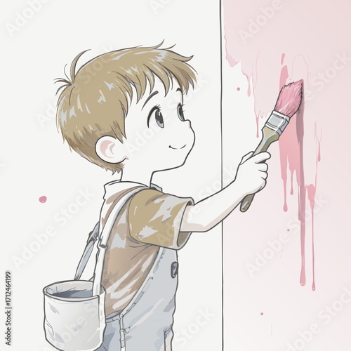 Young boy happily painting a wall with pink paint.