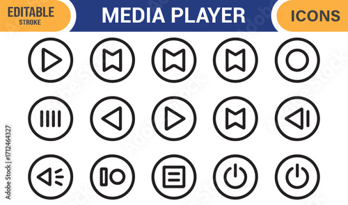 Multimedia vector icon set featuring play, pause, stop, record, and power controls