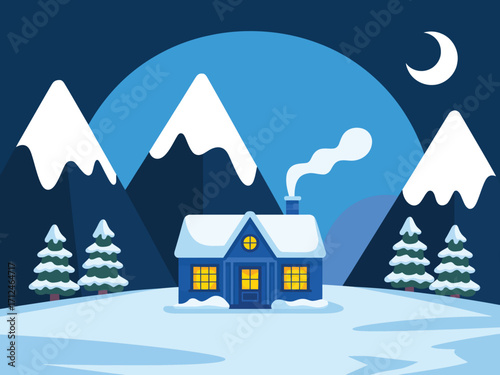 Snowy winter scene featuring a house, pine trees, and frosted landscape, vector illustration ideal for seasonal greeting cards, posters, wallpapers, and festive design projects.