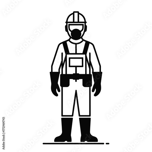 Black and white vector line art of worker wearing full protective gear including helmet mask gloves and boots on white background