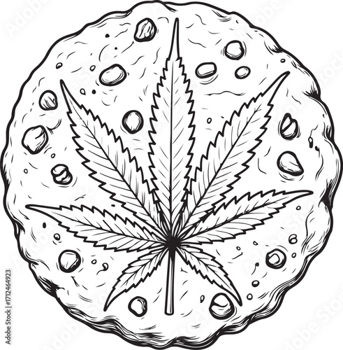 Edible Marijuana Cannabis Cookie with Hemp CBD THC Medical Weed Vector Illustration, Sketch Drawing Line Linear Symbol Icon Engraving, Hand-drawn Doodle Black and White Isolated
