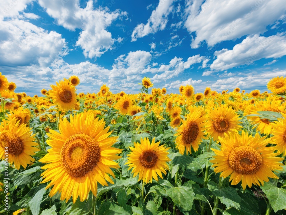 Fototapeta premium Bright sunflower field under a blue sky with scattered white clouds during daytime