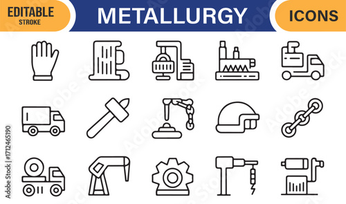 Metallurgy outline icons for iron production, forging, and industrial design