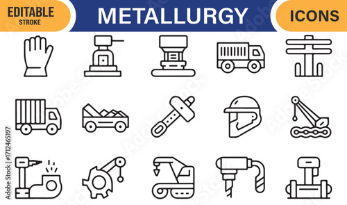 Vector steel industry icons showing mining tools, machinery, and heavy vehicles